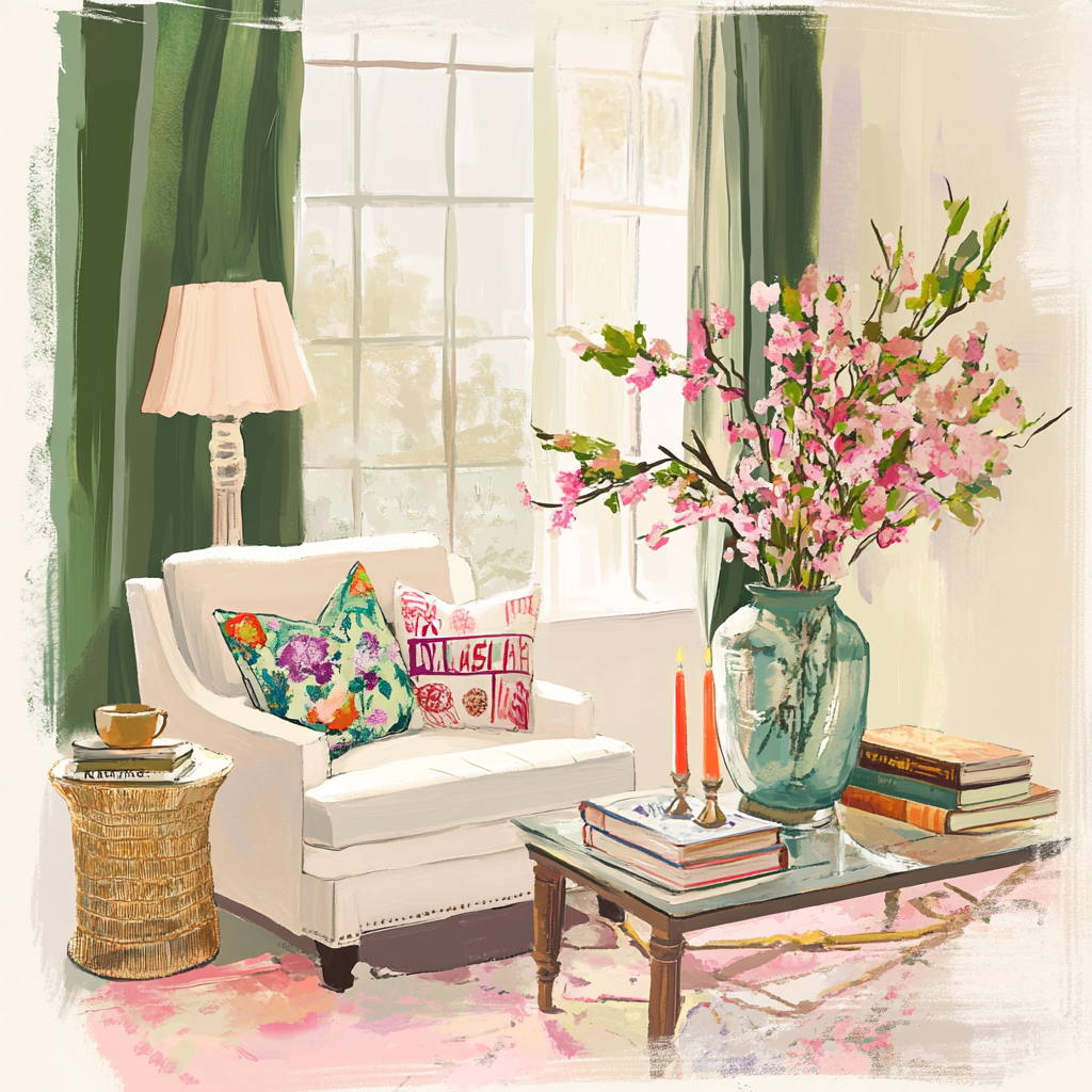 A cozy, well-lit living room with a white armchair, colorful floral throw pillows, a woven side table holding a teacup, and a glass-top coffee table adorned with books, orange candles, and a turquoise vase of pink flowers. Green curtains frame a large window in the background, adding warmth and elegance to the pastel-toned decor.